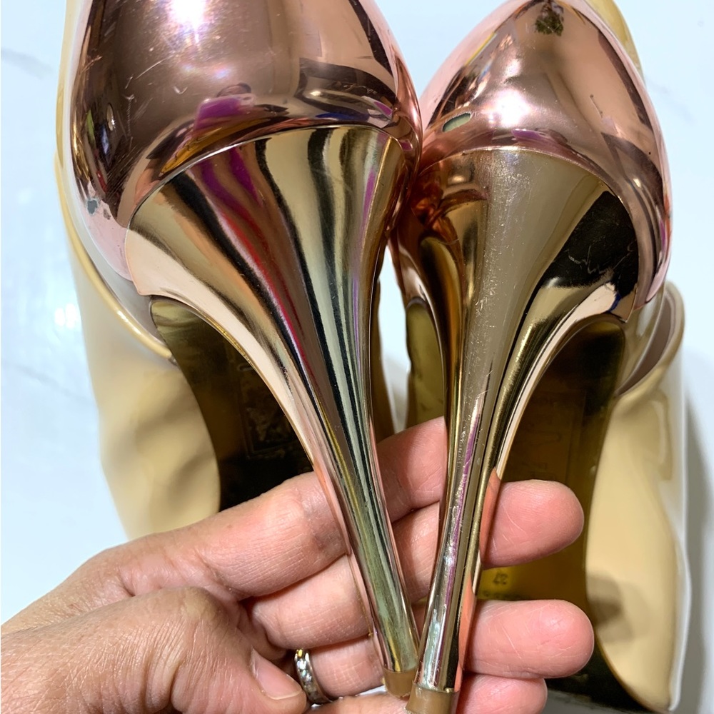 TED BAKER LONDON Wheat Patent Slip On Booties Rose Gold Heels Sz 37 - Picture 6 of 12